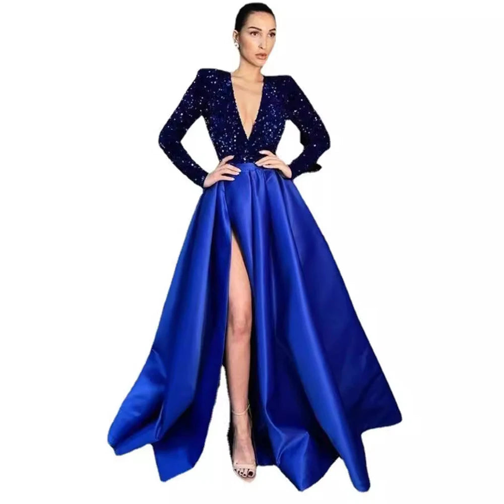 Sequin Deep V Neck Floor Length Evening Dress for Women
