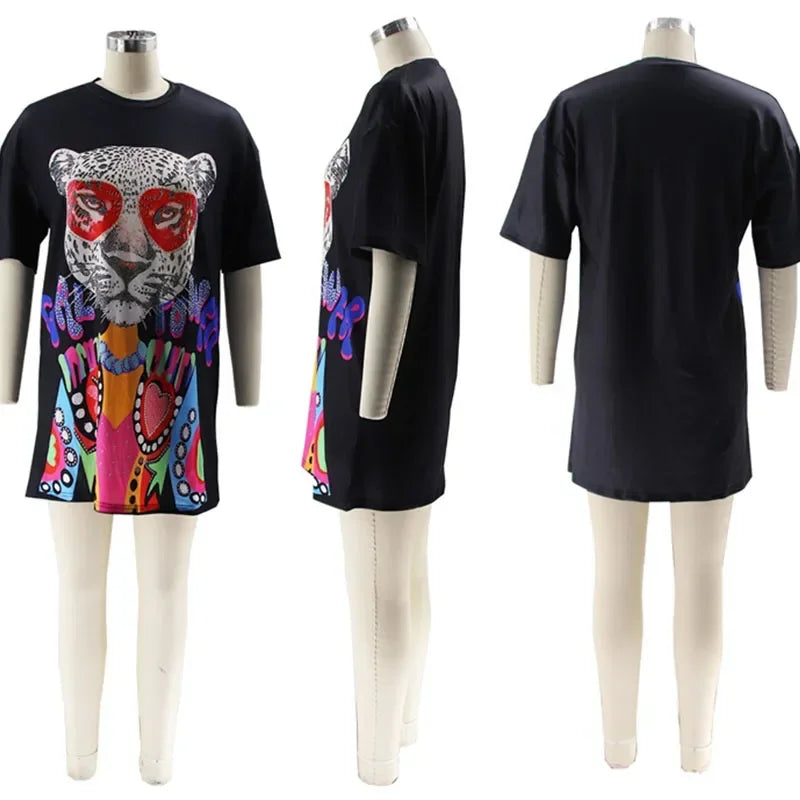 Cheetah Print Cartoon Loose Fit T Shirt Dress for Women