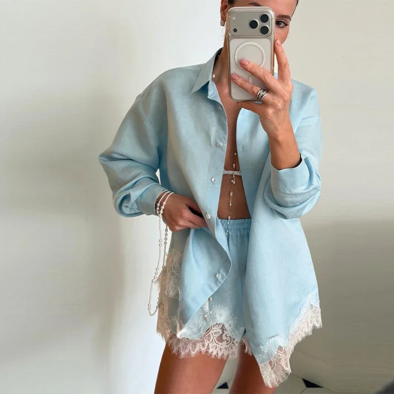 Casual Loose Fit Lace Patchwork Shorts Outfit For Women