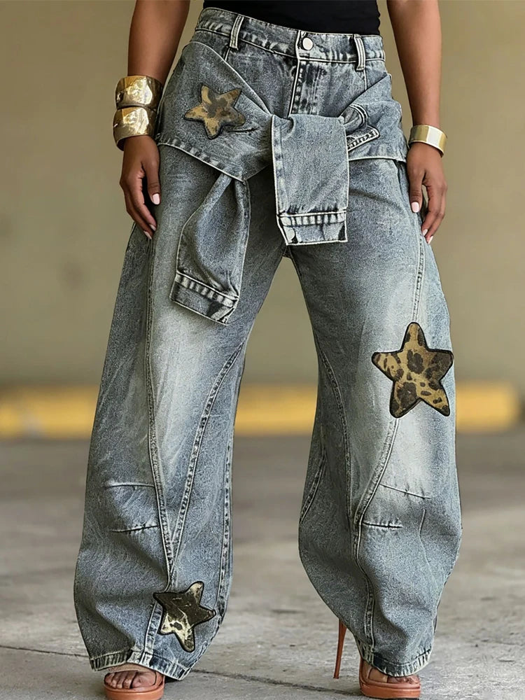 Vintage Washed Wide Leg Hip Hop Denim Jeans for Women