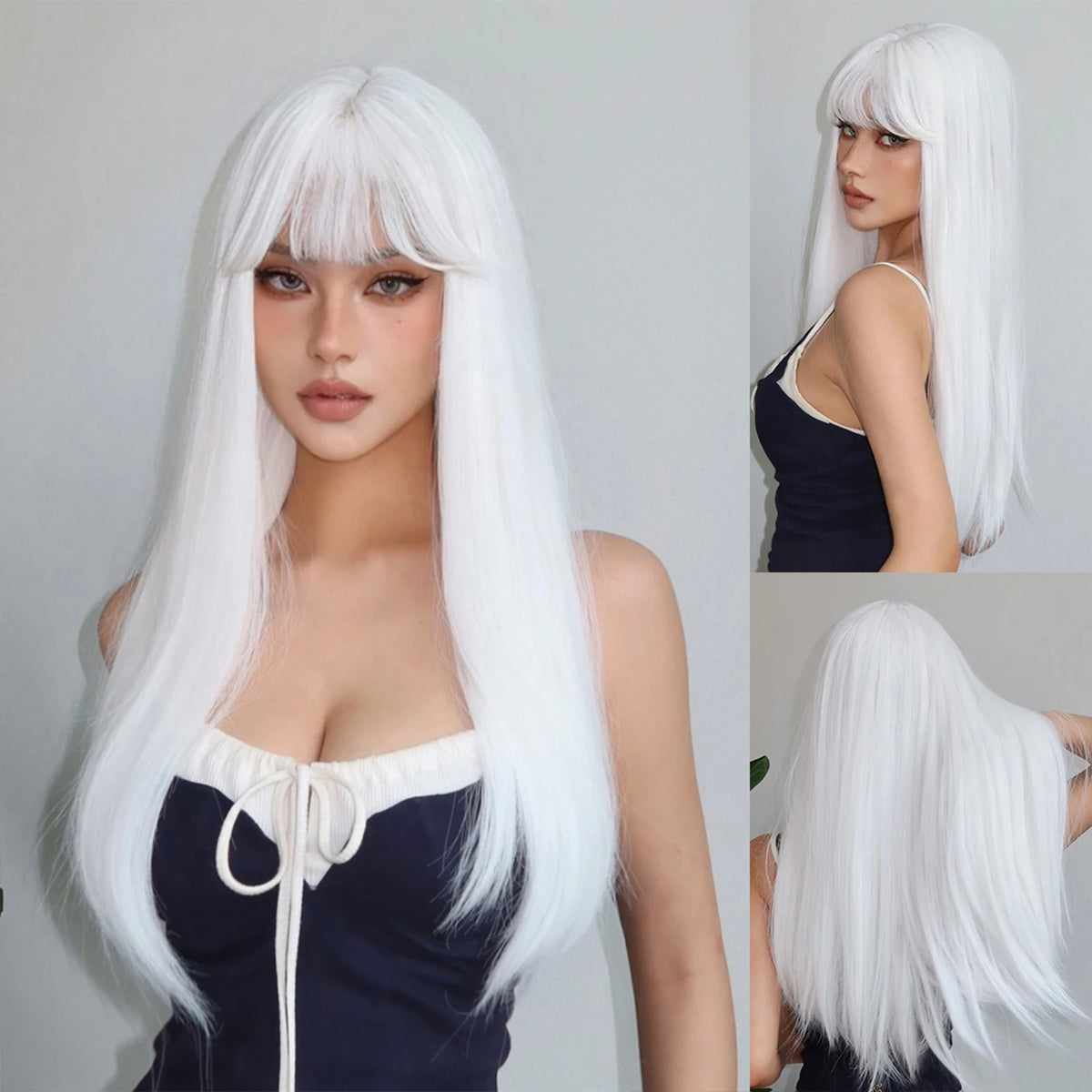 Long Straight Synthetic Wig With Bangs and Red Highlights for Women