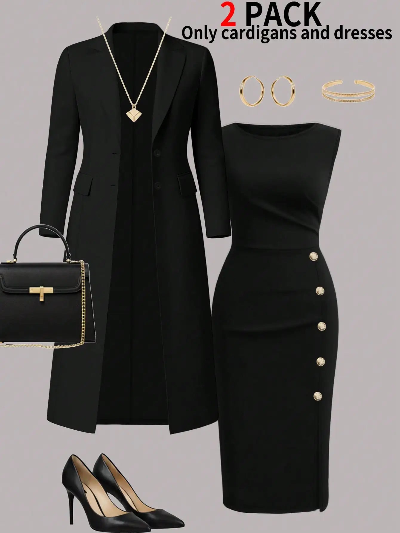 Women's New Autumn and Winter Elegant Set: Solid Color Long-Sleeved Open-Front Blouse, Long Coat + Versatile Fitting Mid-Length Sleeveless Buttoned Dress Two-Piece Set