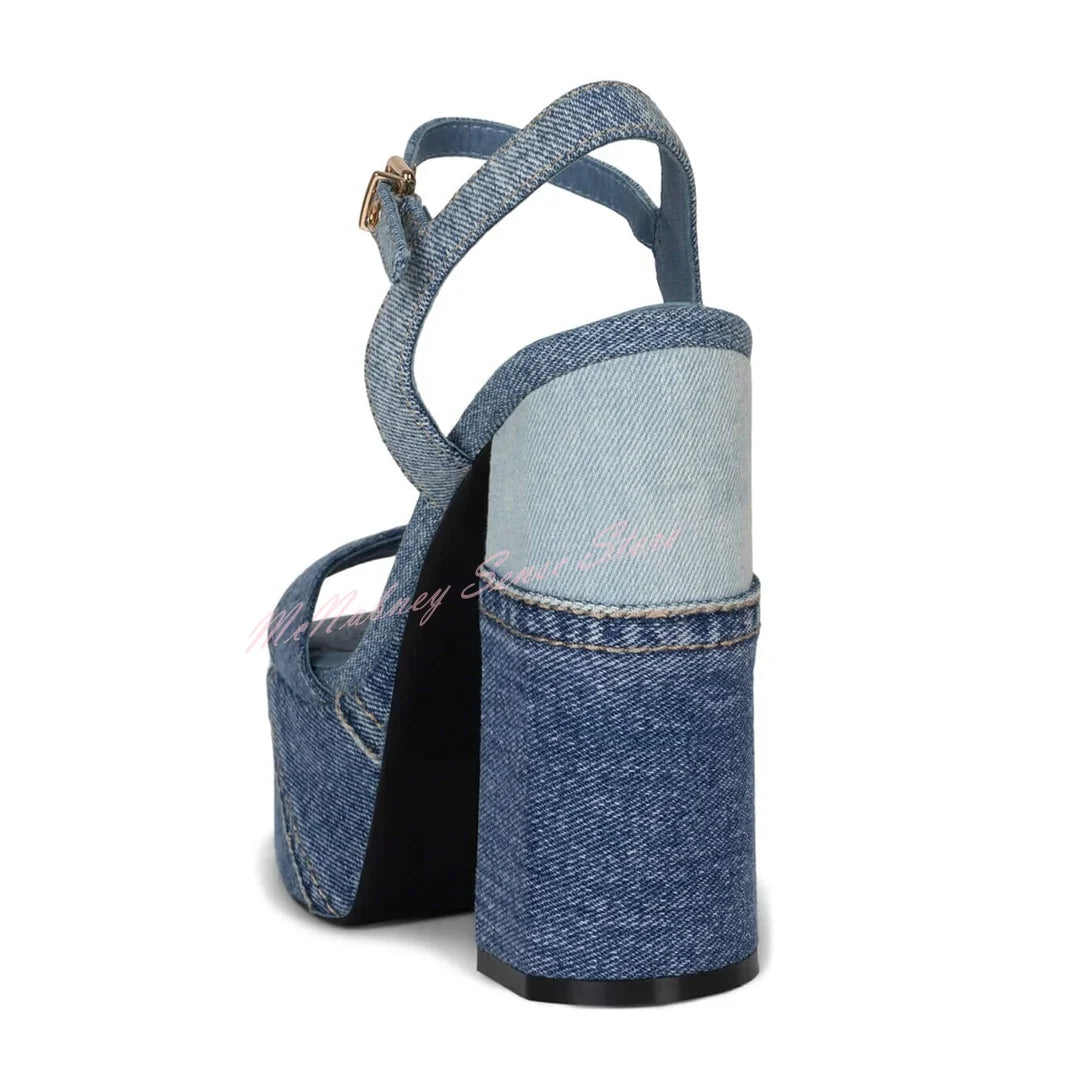 Denim Patchwork Open Toe Square Heel Platform Sandals For Women