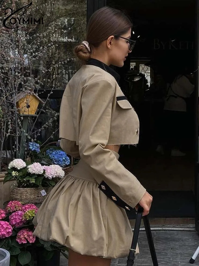 Oymimi Fashion Black Patchwork Two Piece Set For Women Casual Long Sleeve Button Pockets Crop Shirts + High Waist Mini Skirt Set