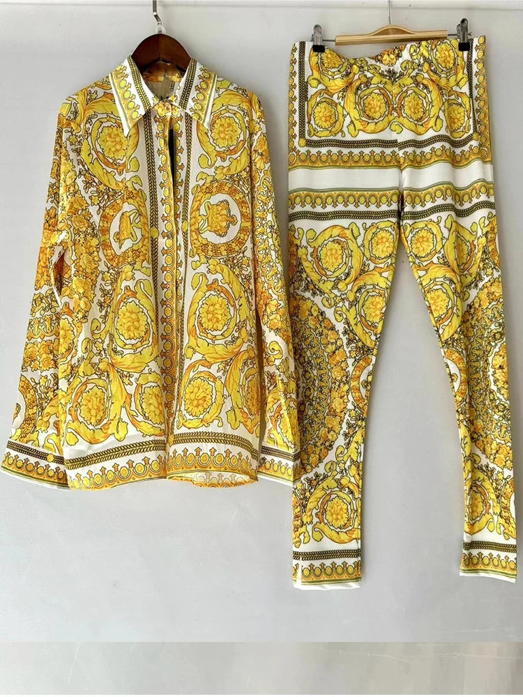 Retro Print Lapel Shirt Two Piece Suit