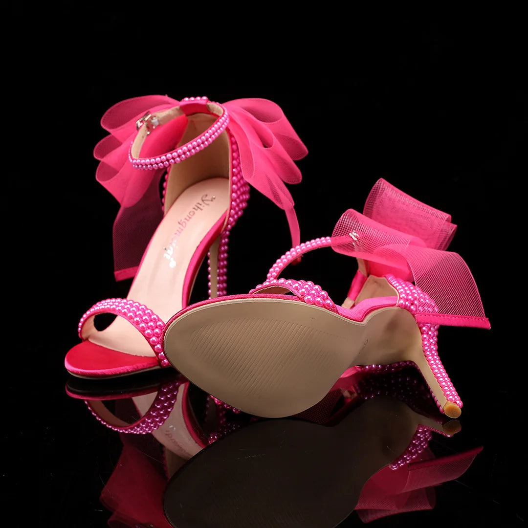 Elegant Pearl Beaded Mesh Bowknot Sandals for Women