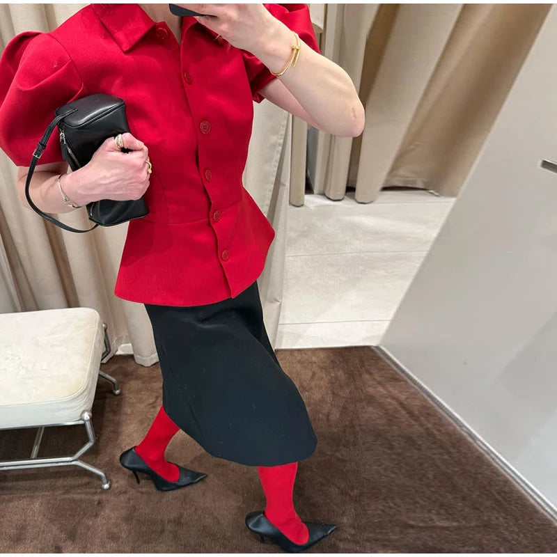 Elegant Puff Sleeve Turn-Down Collar Shirt for Women