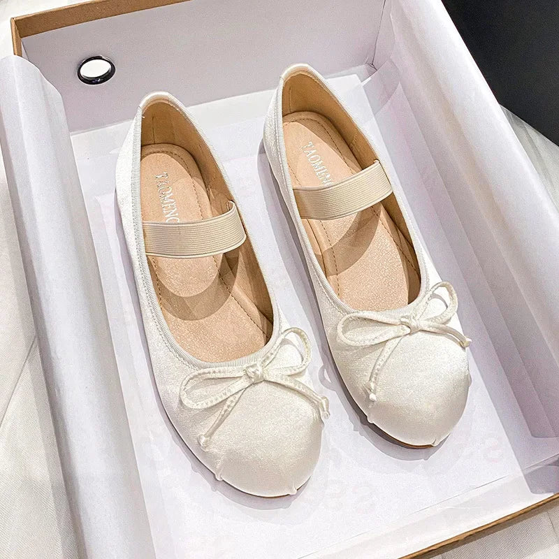 Round Toe Bow Satin Mary Jane Ballet Flats for Women