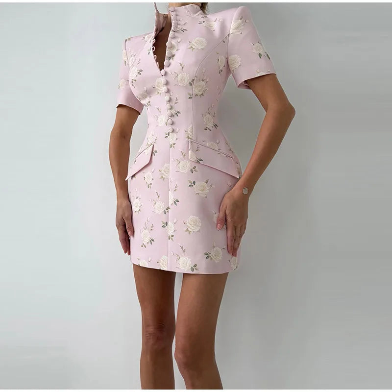 Elegant Printed Short Sleeve Stand Collar Dress for Women
