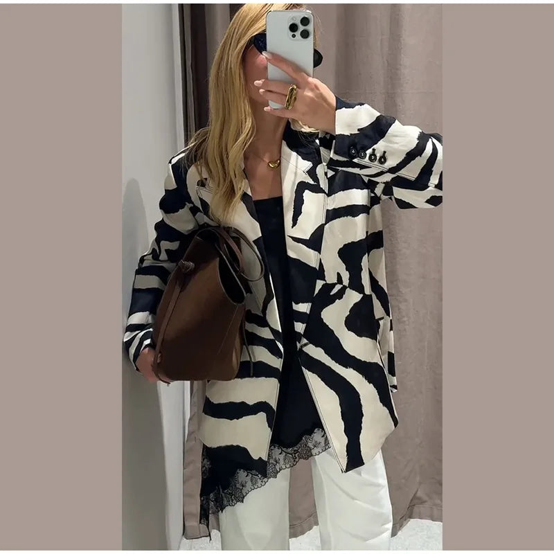 Oversized Zebra Print Long Sleeve Blazer for Women