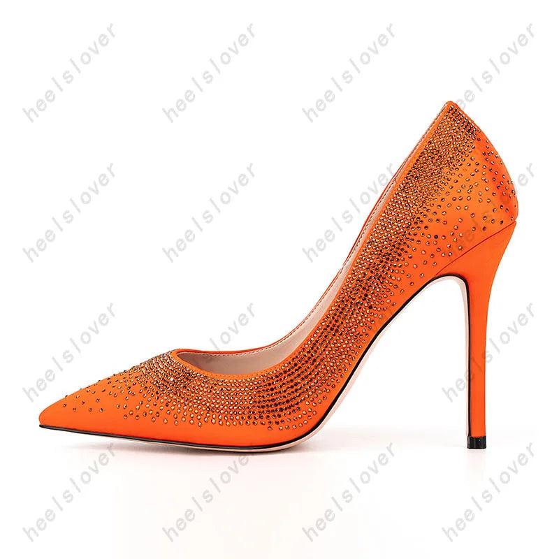 Elegant Orange Rhinestone Pointed Toe Pumps For Women