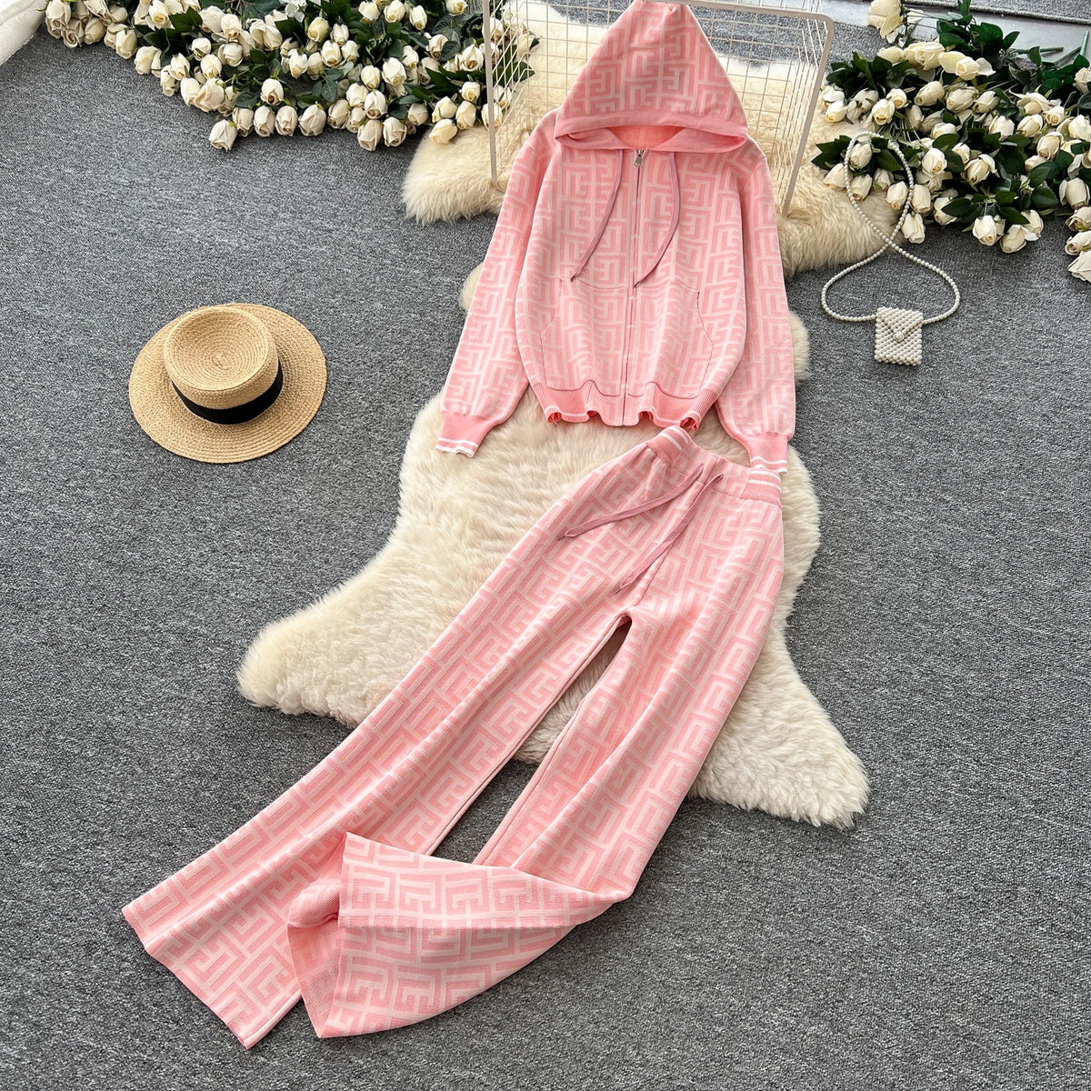 Geometric Print Hooded Knit Two Piece Set for Women