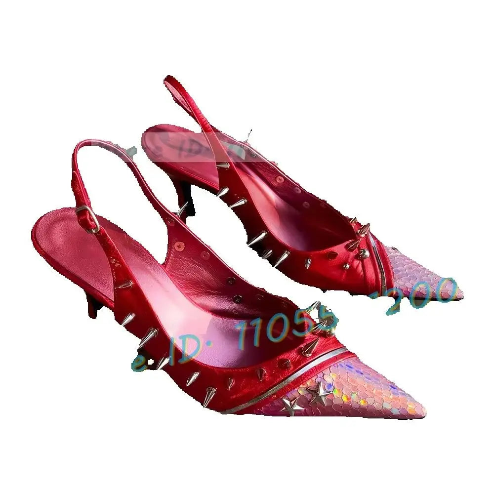 Colorful Fish Print Pointed Red Patent Leather Sandals for Women