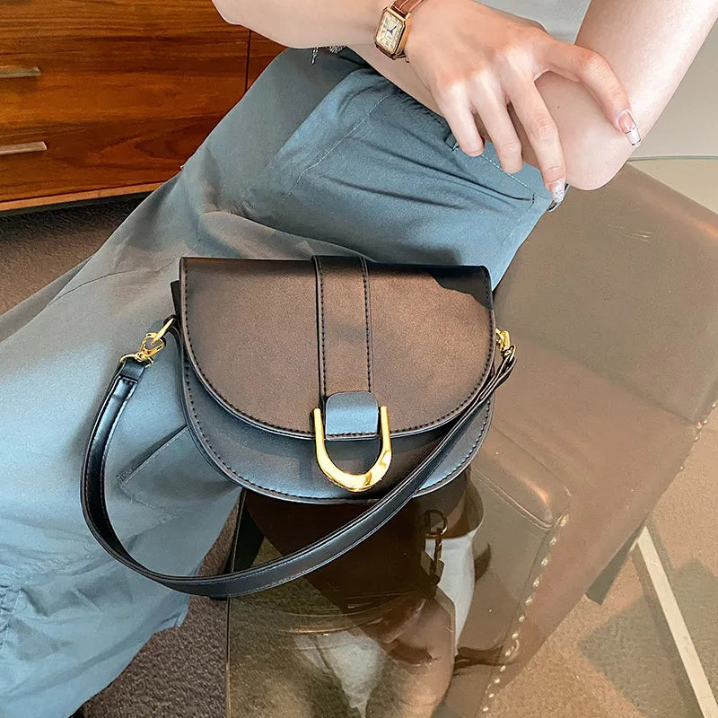 Solid Color Leather With Golden Hardware Saddle Shoulder Bag for Women