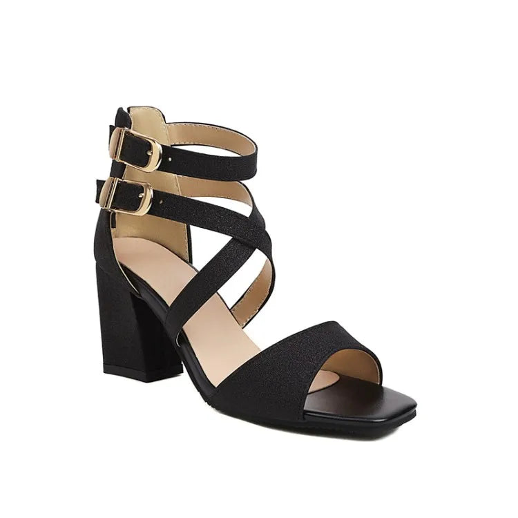 Square Heel Buckle Cross Strap Sandals