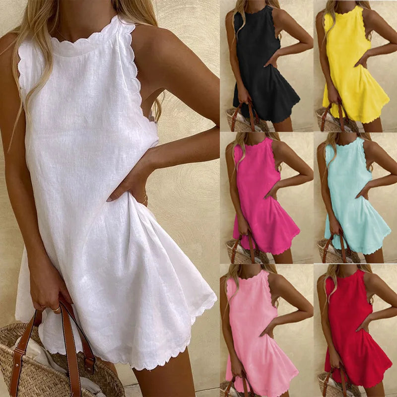 Sleeveless Loose Fit Cotton Linen Mini Dress for Women