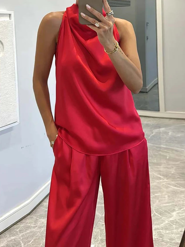 Pile Collar Sleeveless Top Wide Leg Pants 2CPS Sets, Women Summer Loose Elastic Waist Chic Outfit, Solid Patchwork Ladies Suits