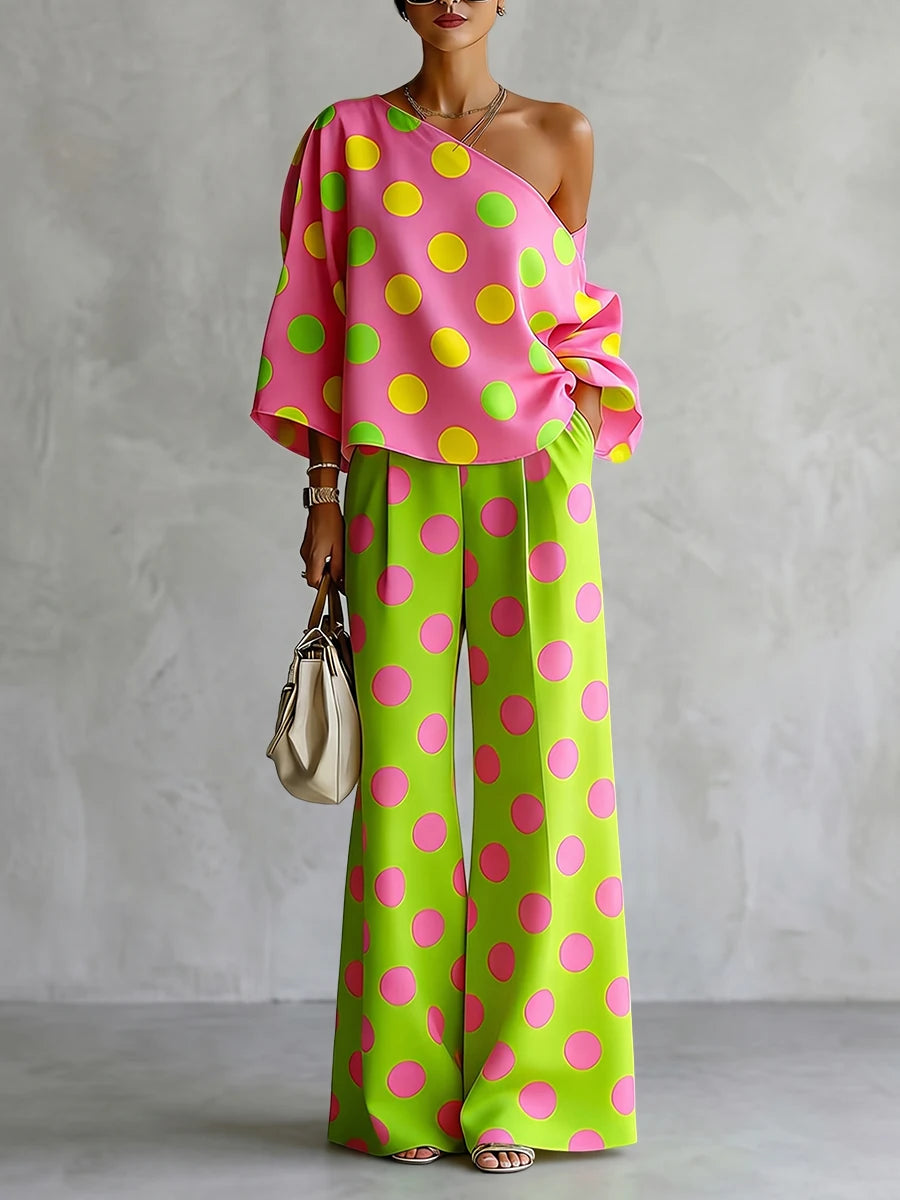Bonboho Women's One Shoulder Polka Dot T-shirt Pink Base with Green Yellow Dots Loose Batwing Sleeve Shirt Top Casual Blouse