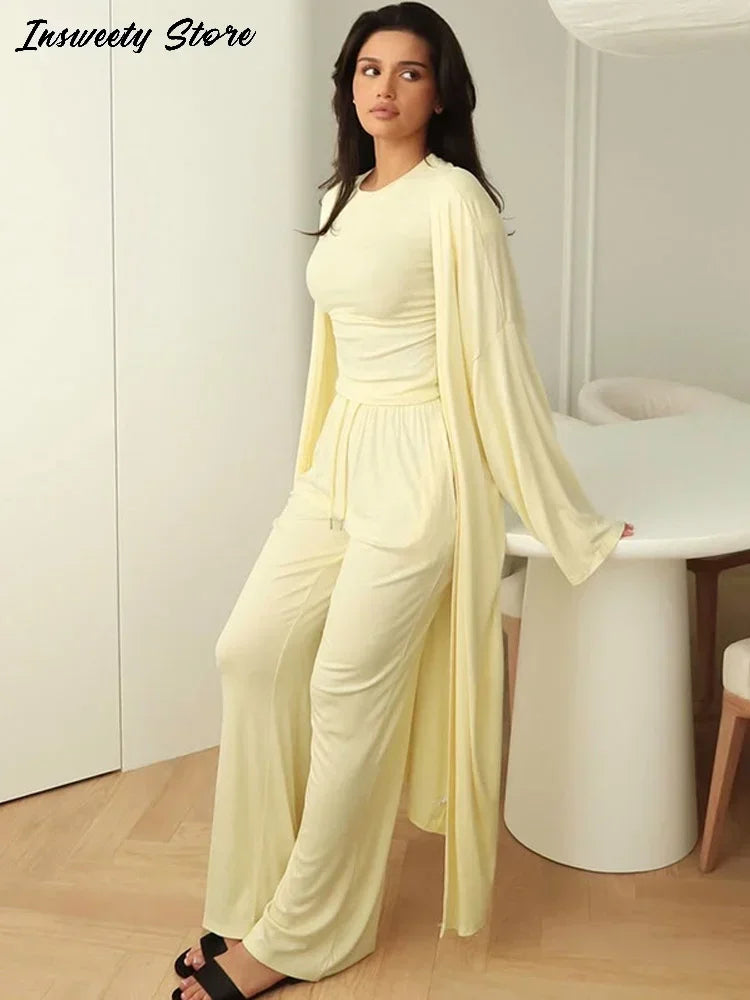Casual Three Piece Shirt, Coat And Wide Leg Pants Set for Women