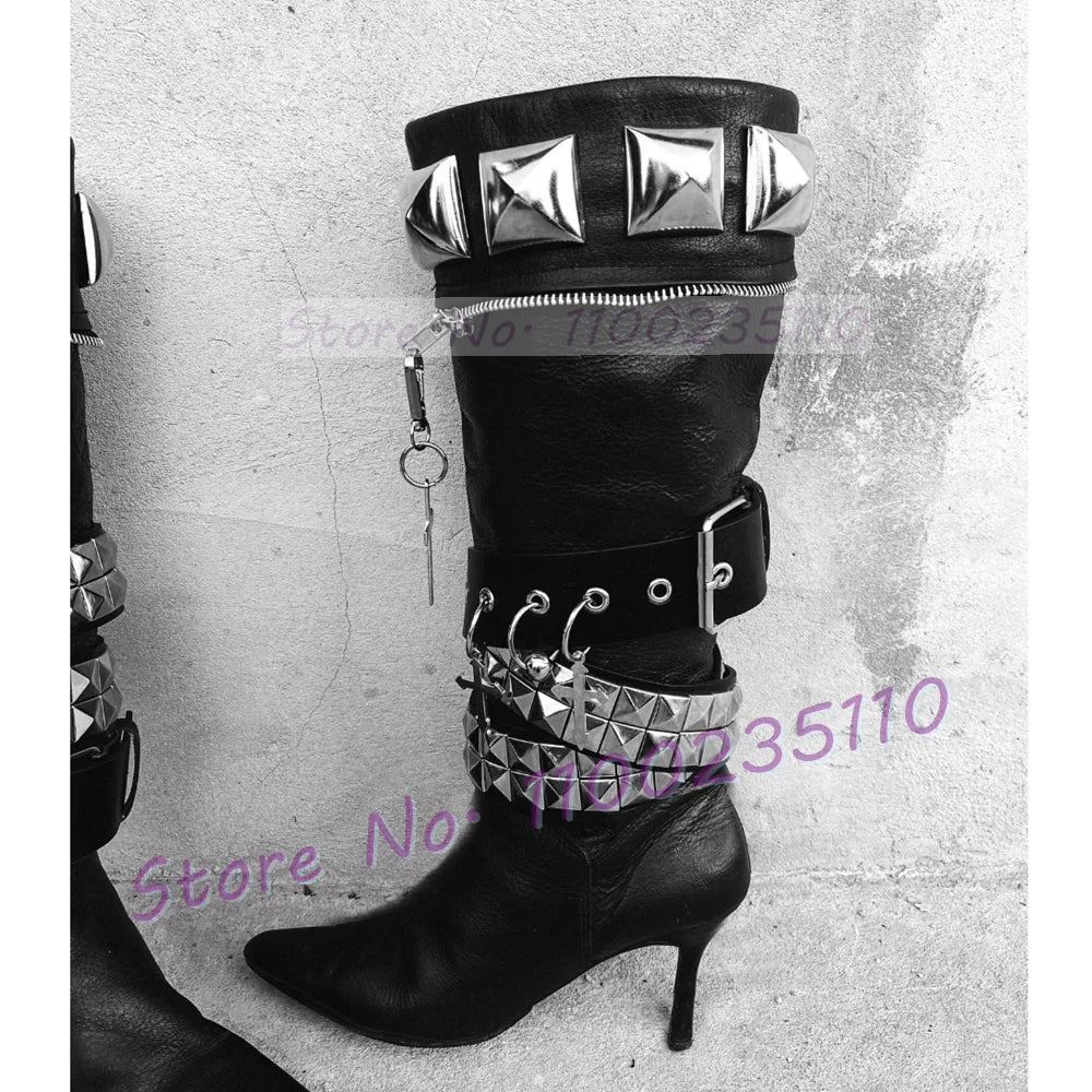 Black Pointed Toe Thin Heel Knee High Boots For Women