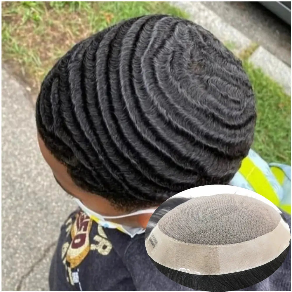 Curly Human Hair Toupee Replacement System for Men