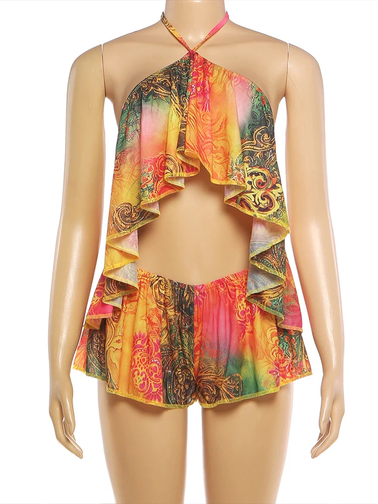 Colorful Print Halter Backless Two Piece Set for Women