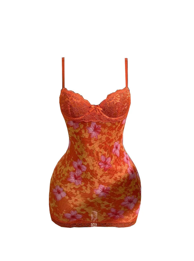 Leopard Print Lace Spaghetti Strap Bodycon Dress for Women