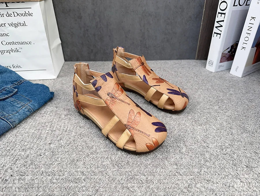 Flat Printed Genuine Leather Roman Sandals for Women