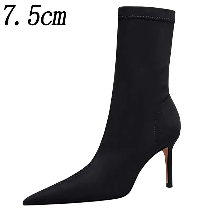 Pointed Toe Elastic High Heel Ankle Boots for Women