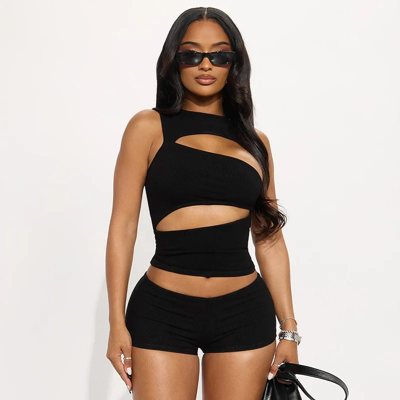 Hollow-Out Patchwork Crop Top and Shorts Set for Women