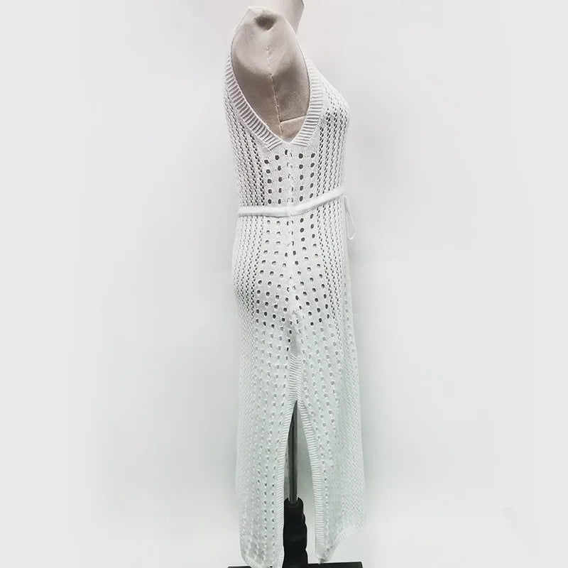 Mesh Cut Out Sleeveless Slit Drawstring Tunic Beach Wrap Dress Solid Color Knit 2025 Women Summer Party Swimsuit Cover Up A2391