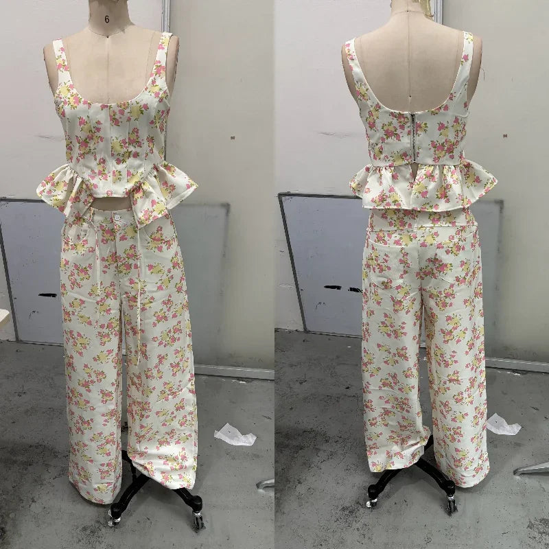 Urban Printed Vest and Wide Leg Pants Two Piece Set for Women