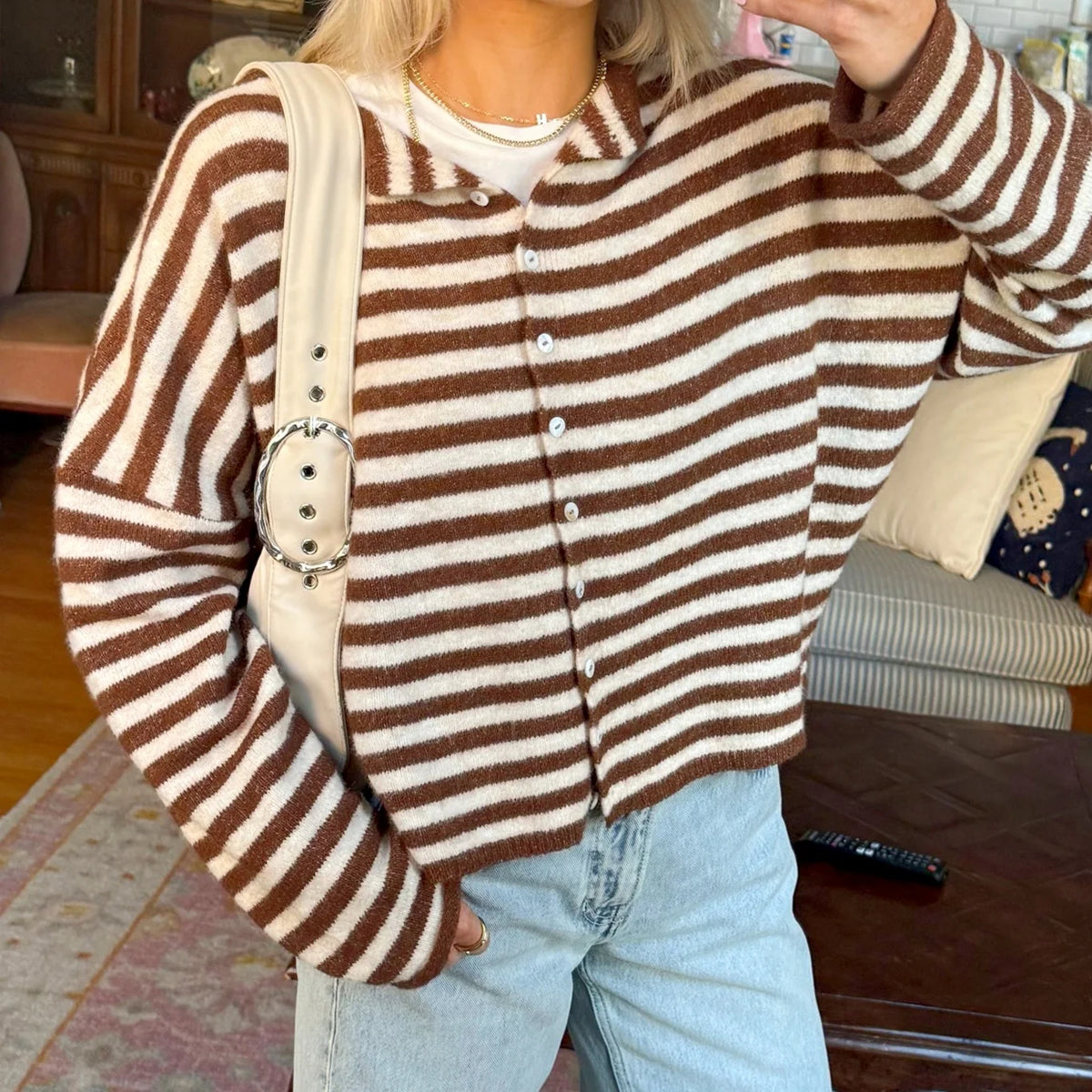 Striped Button Front Knit Cardigan Sweater for Women