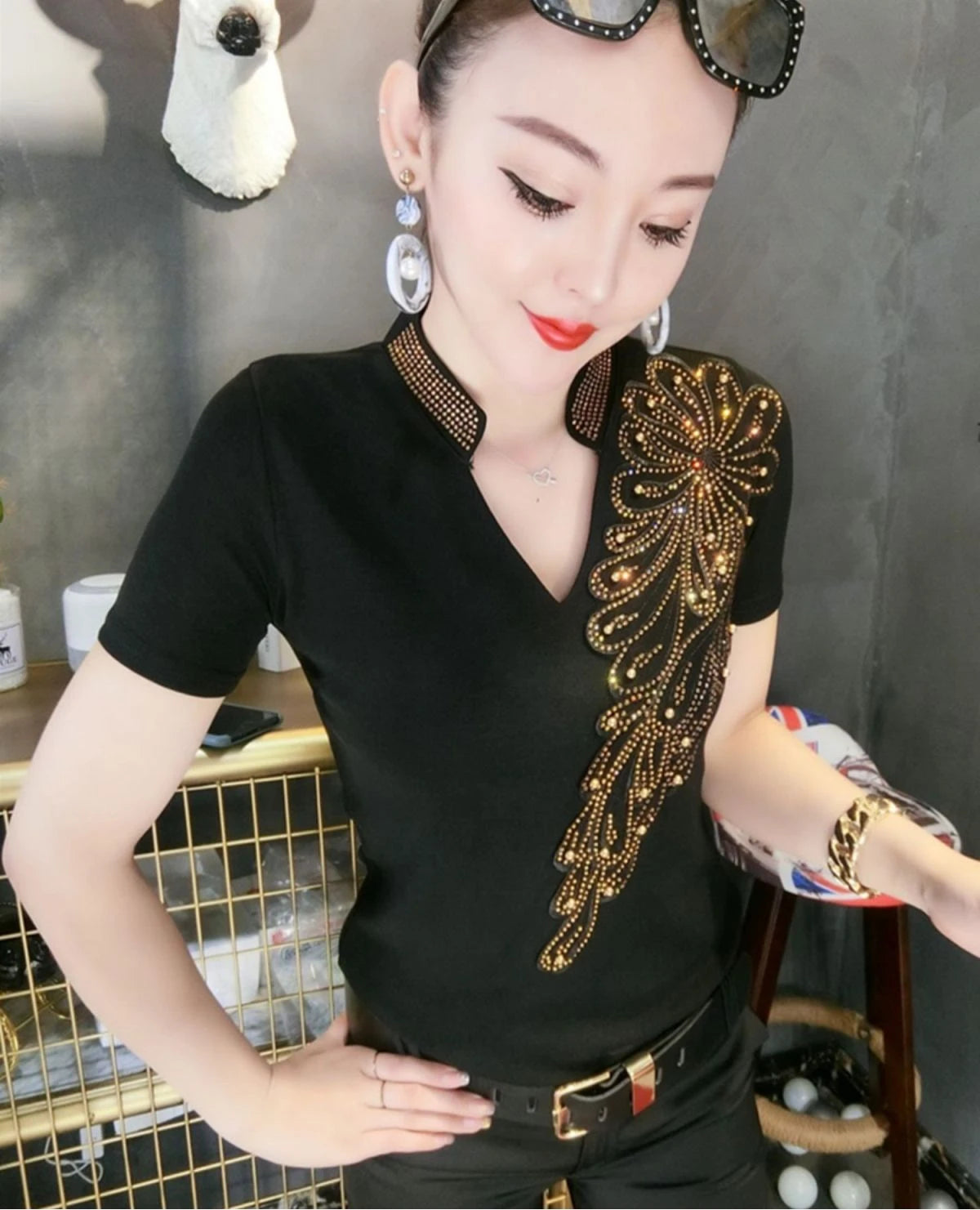 Sequin Women Tops Sleeve Polo Shirt Rhinestone Pulovers Vintage Glitter Luxury Women's Blouses Promotion Free Delivery Neck Cute