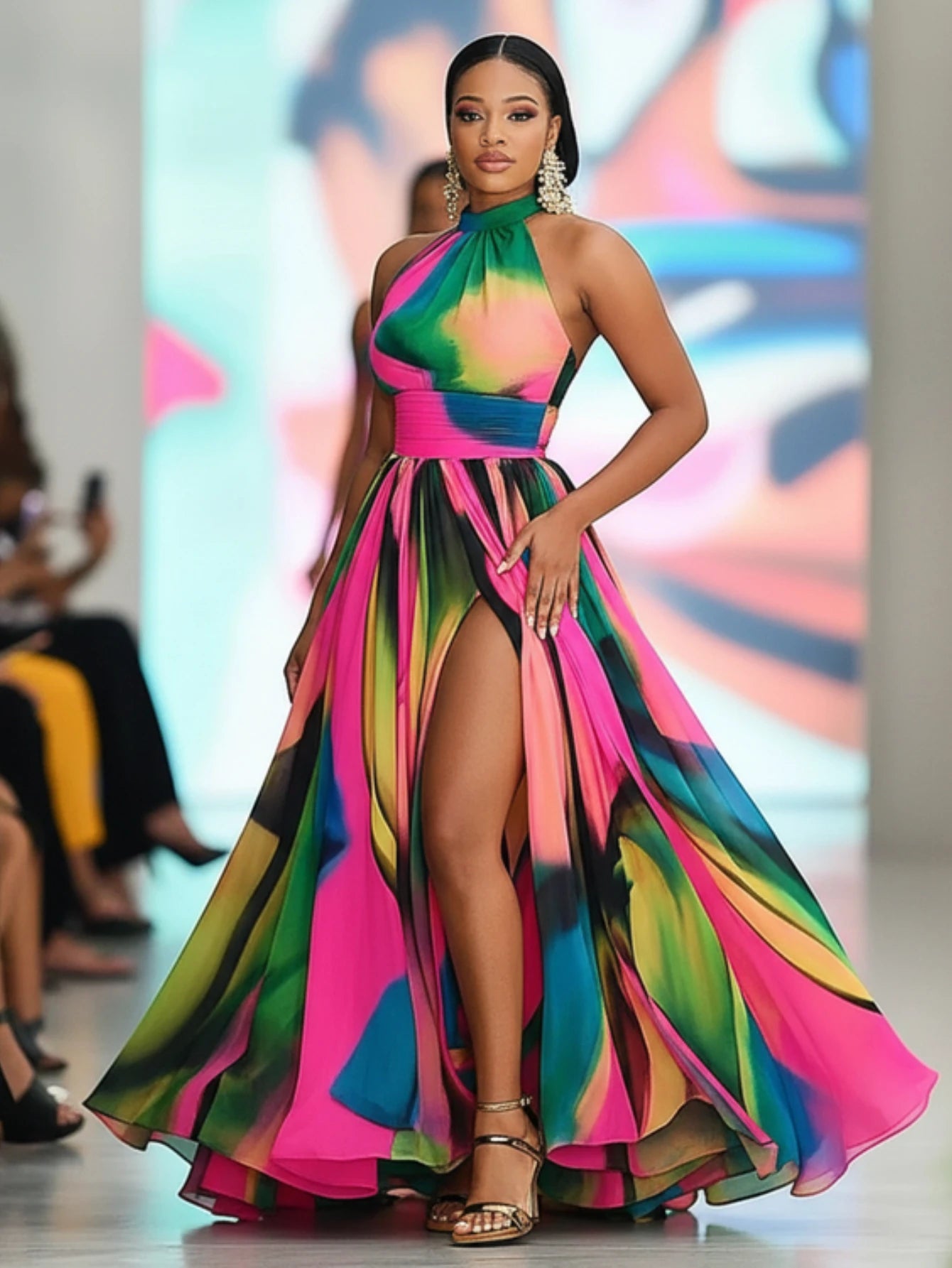 Women Halter Neck Printed Maxi Dress With High Front Slit For Runway Show Formal Evening Prom And Vacation Occasion