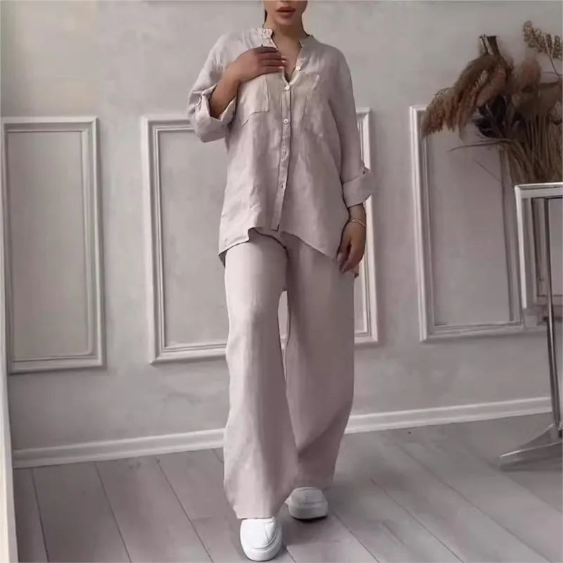Loose Cotton Linen Shirt And Wide Leg Pants Set For Women
