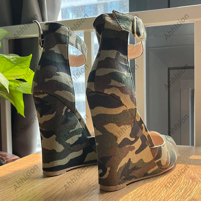 Camouflage Pointed Toe Pumps With Buckle Strap For Women