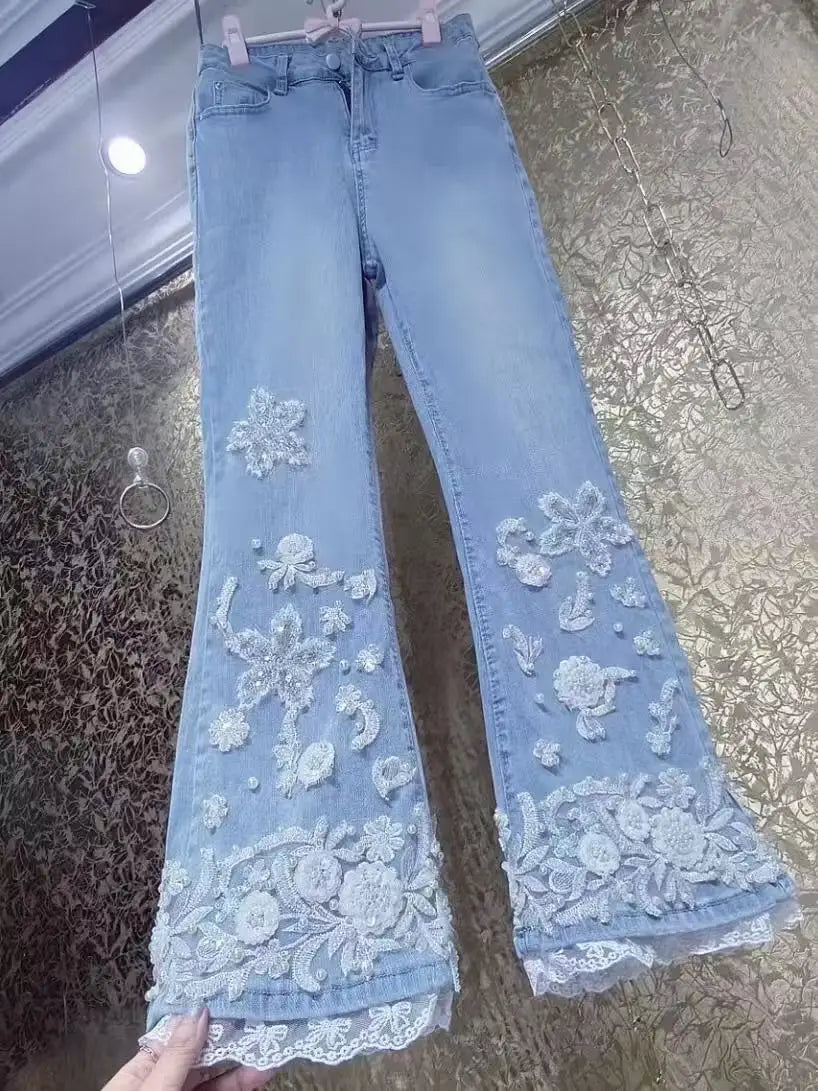 Luxury Design Embroidered Flares Denim Long Pant for Women's Pants pantalones de mujer Woman Clothing Ladies Trousers