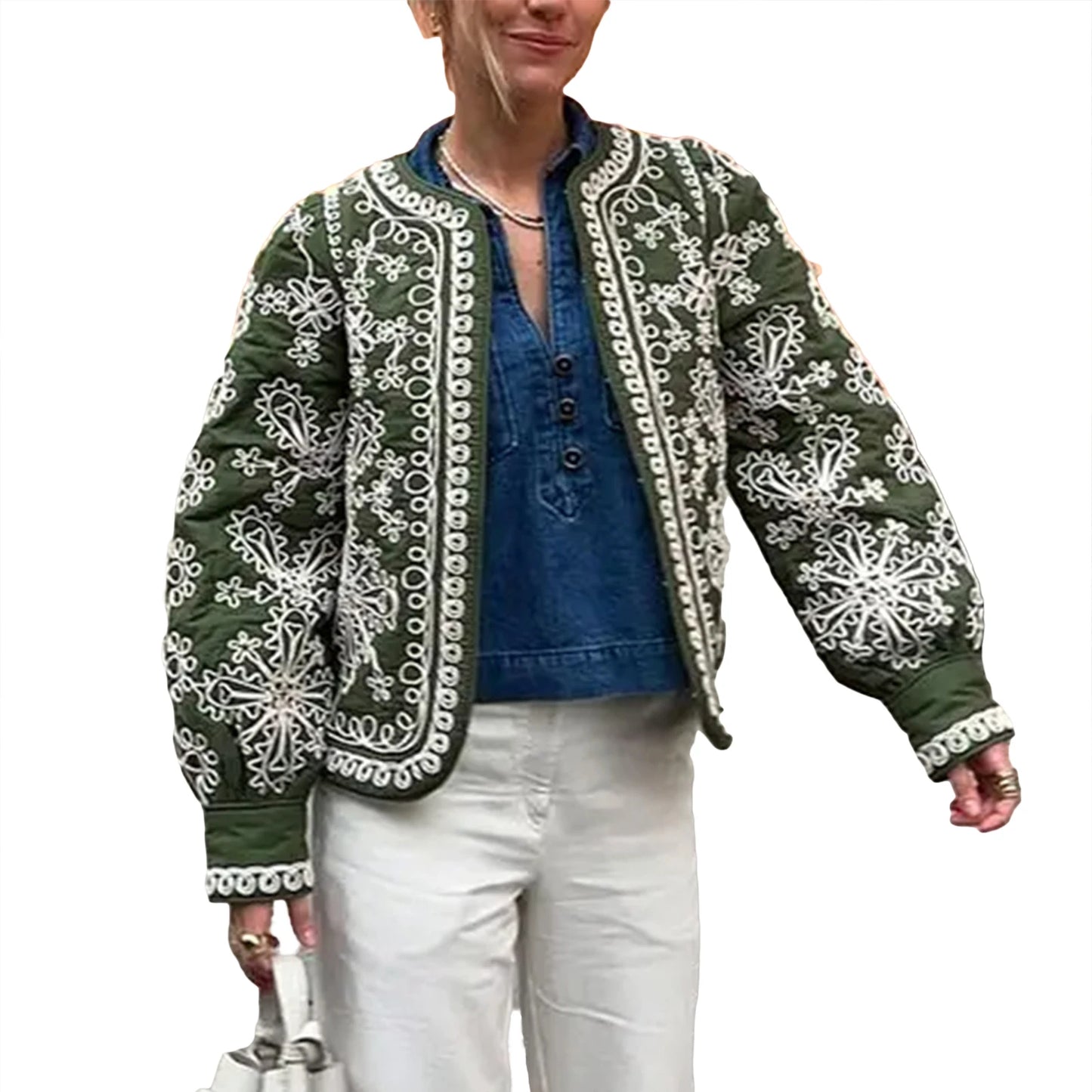 Women'S Retro Open Front Printed Embroidered Jacket, Lightweight Casual Long Sleeved Autumn Street Fashion Cardigan