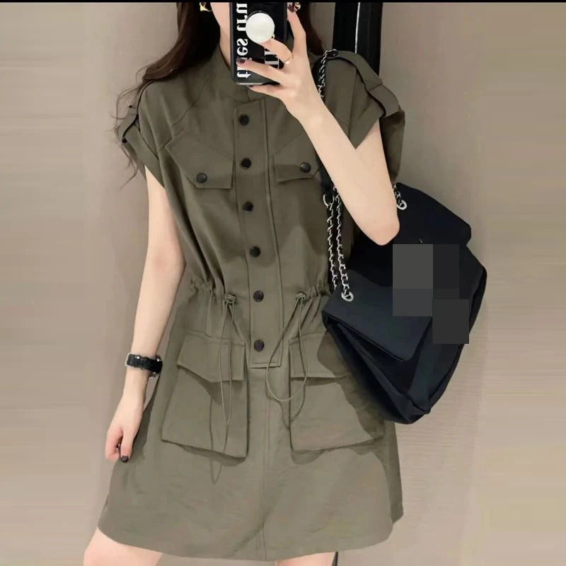 European Retro Stand Collar Drawstring Midi Dress for Women