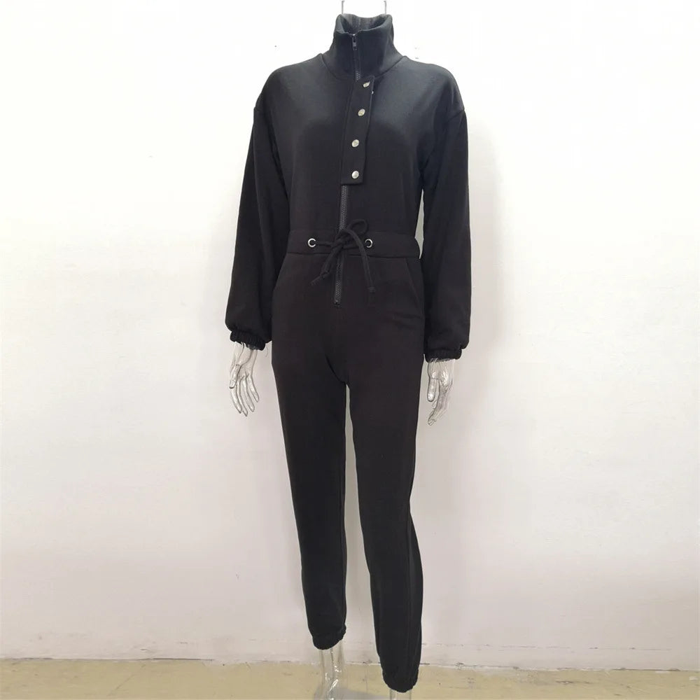 Casual Stand Collar Long Sleeve Jumpsuit for Women