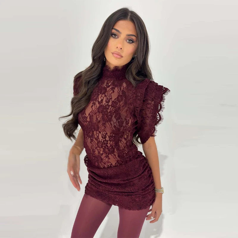 Sheer Lace Flared Sleeve Knee Length Party Dress for Women