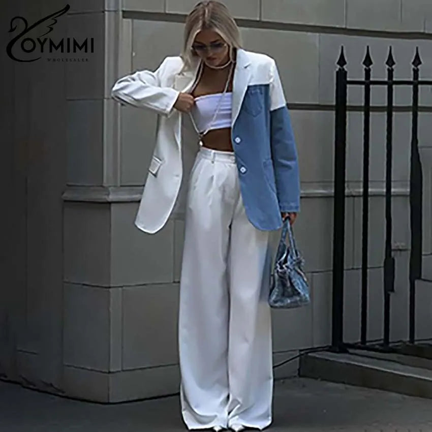 Oymimi Fashion White Denim Women 2 Piece Set Outfit Elegant Patchwork Long Sleeve Button Shirts And Simple Straight Trousers Set