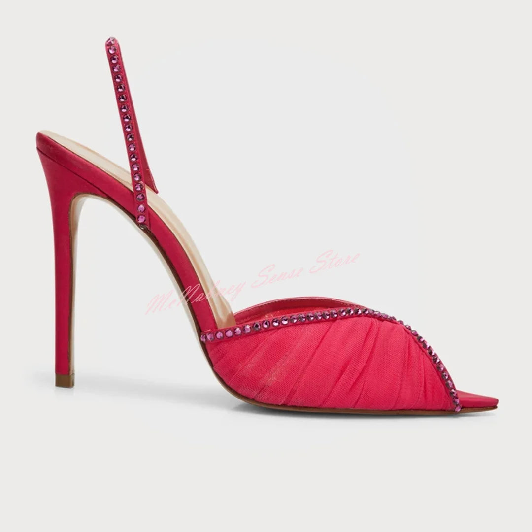 Crystal Mesh Buckle Strap Peep Toe Pumps for Women