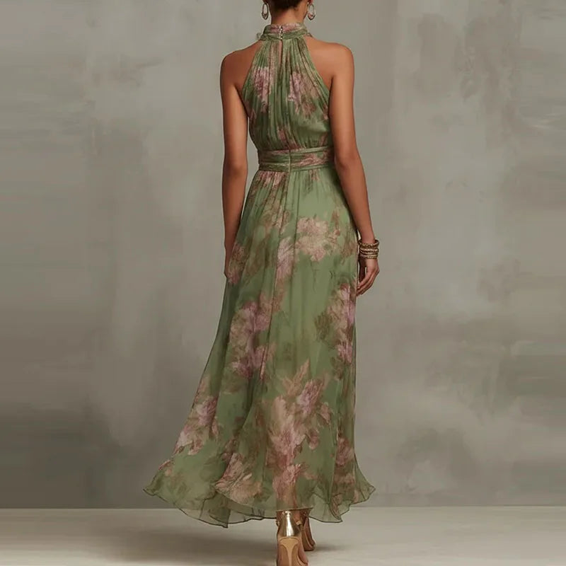 Flowing Floral Halter Ruched Waist Maxi Dress for Women