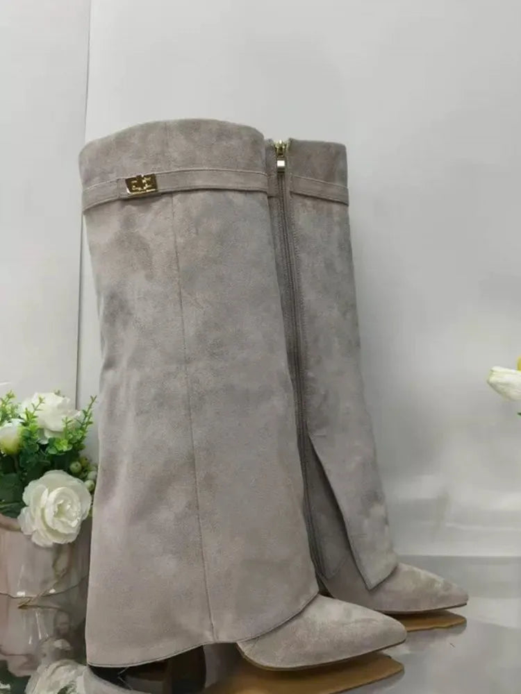 Pointed Toe Thick High Heel Mid Calf Boots for Women