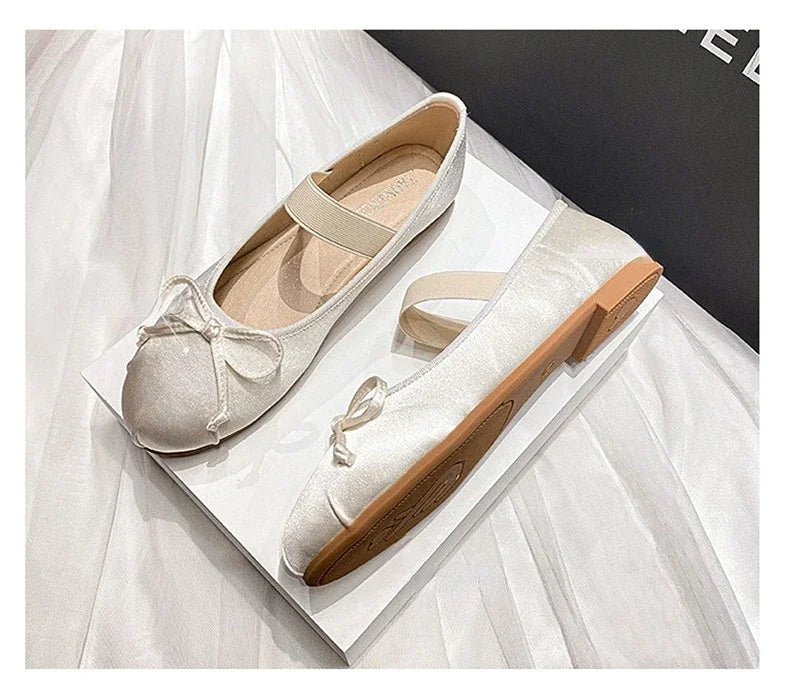 Round Toe Bow Satin Mary Jane Ballet Flats for Women