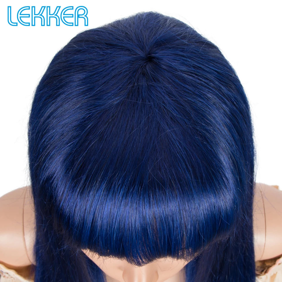 Royal Blue Straight Human Hair Wig With Bangs for Women