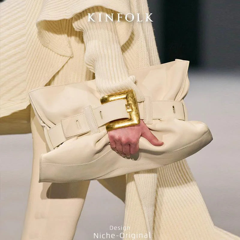 Women's Pleated Motorcycle Bag Trendy Belt Buckle Shoulder Bag Brand Design Fashion Large Capacity Texture Underarm Bag Tote Bag