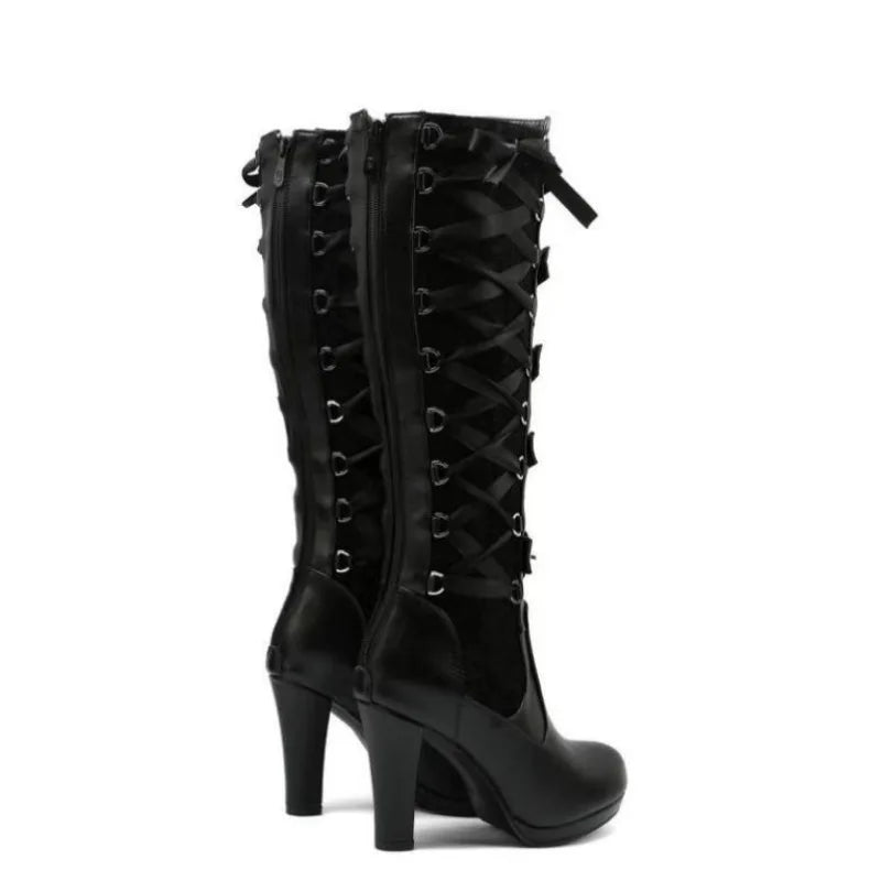 Lace Up Chunky High Heel Mid Calf Boots for Women